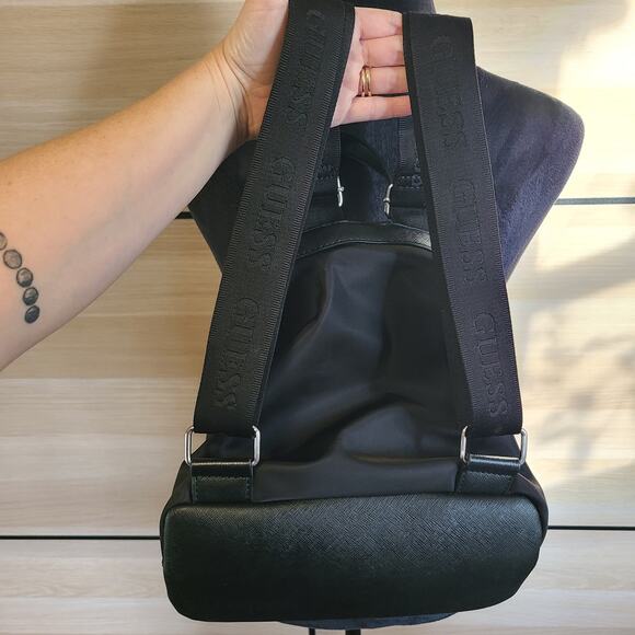 Guess Alpena Nylon Drawstring Satchel Flap Buckle Closure Mini Black Backpack - Picture 2 of 11